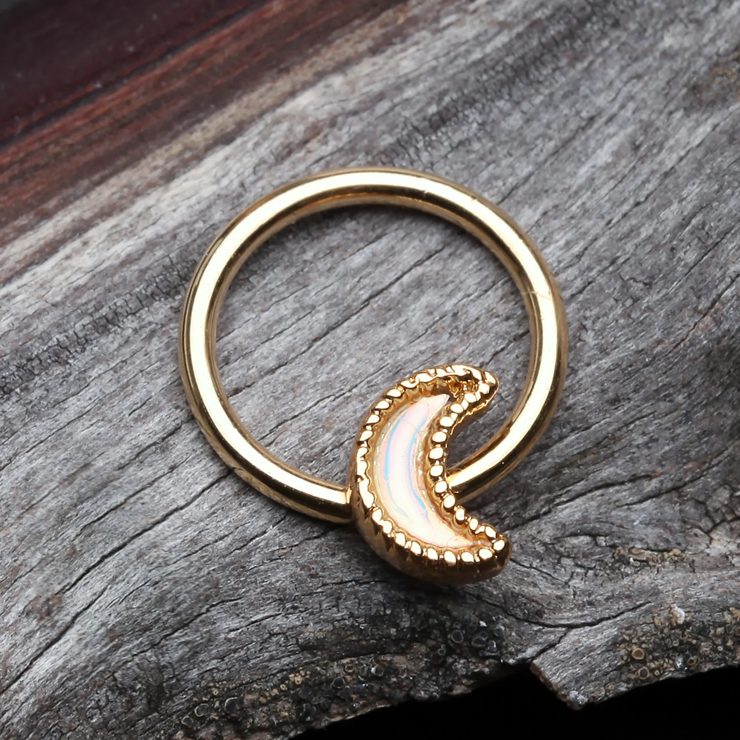 Golden Iridescent Revo Crescent Moon Captive Bead Ring - Image 2