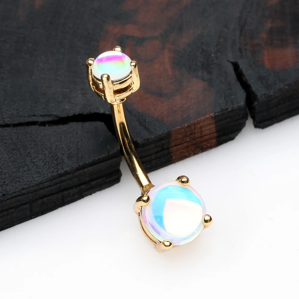 Golden Iridescent Revo Sparkle Prong Set Belly Button Ring - Image 3