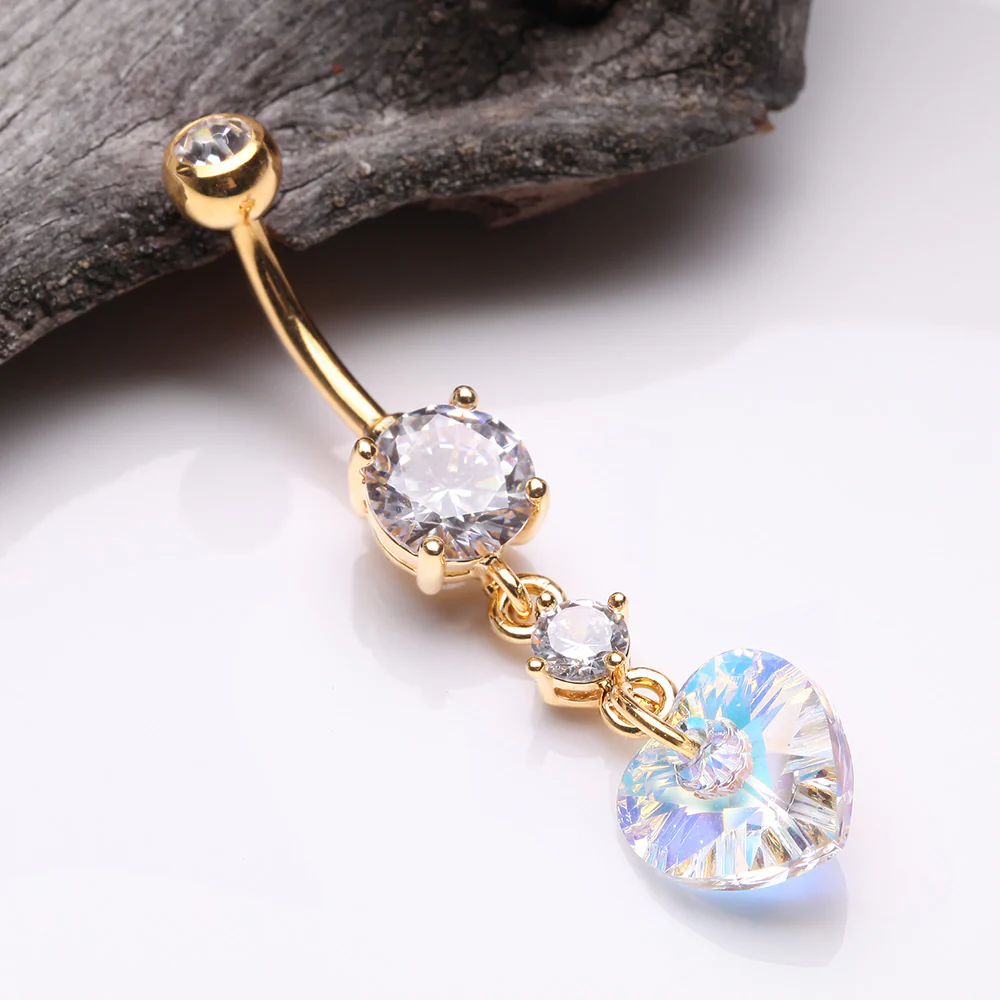 Golden Iridescent Sparkle Heart Lumi Belly Button Ring - Image 3