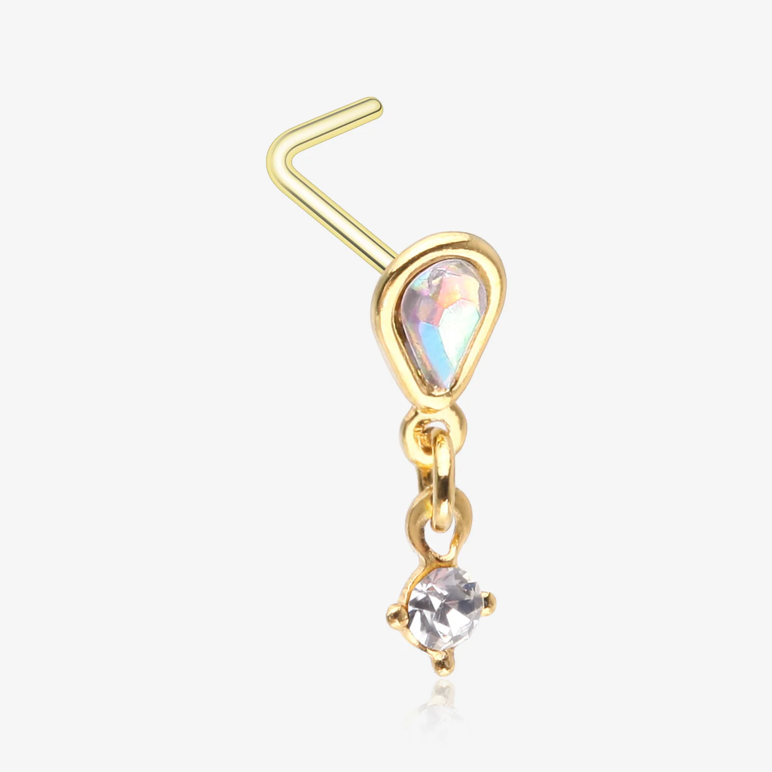 Golden Iridescent Sparkle Inverted Teardrop Dangle L-Shaped Nose Ring