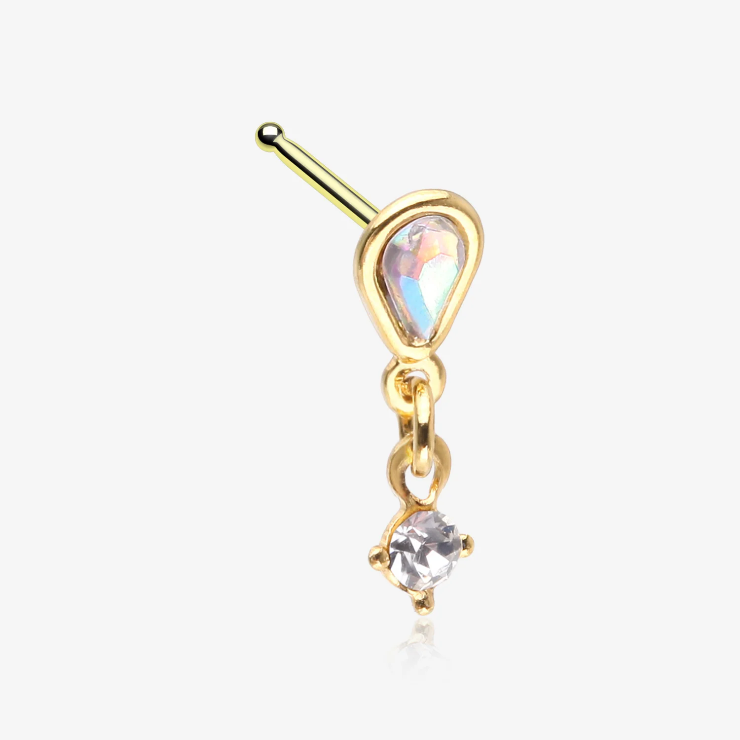 Golden Iridescent Sparkle Inverted Teardrop Dangle Nose Stud Ring