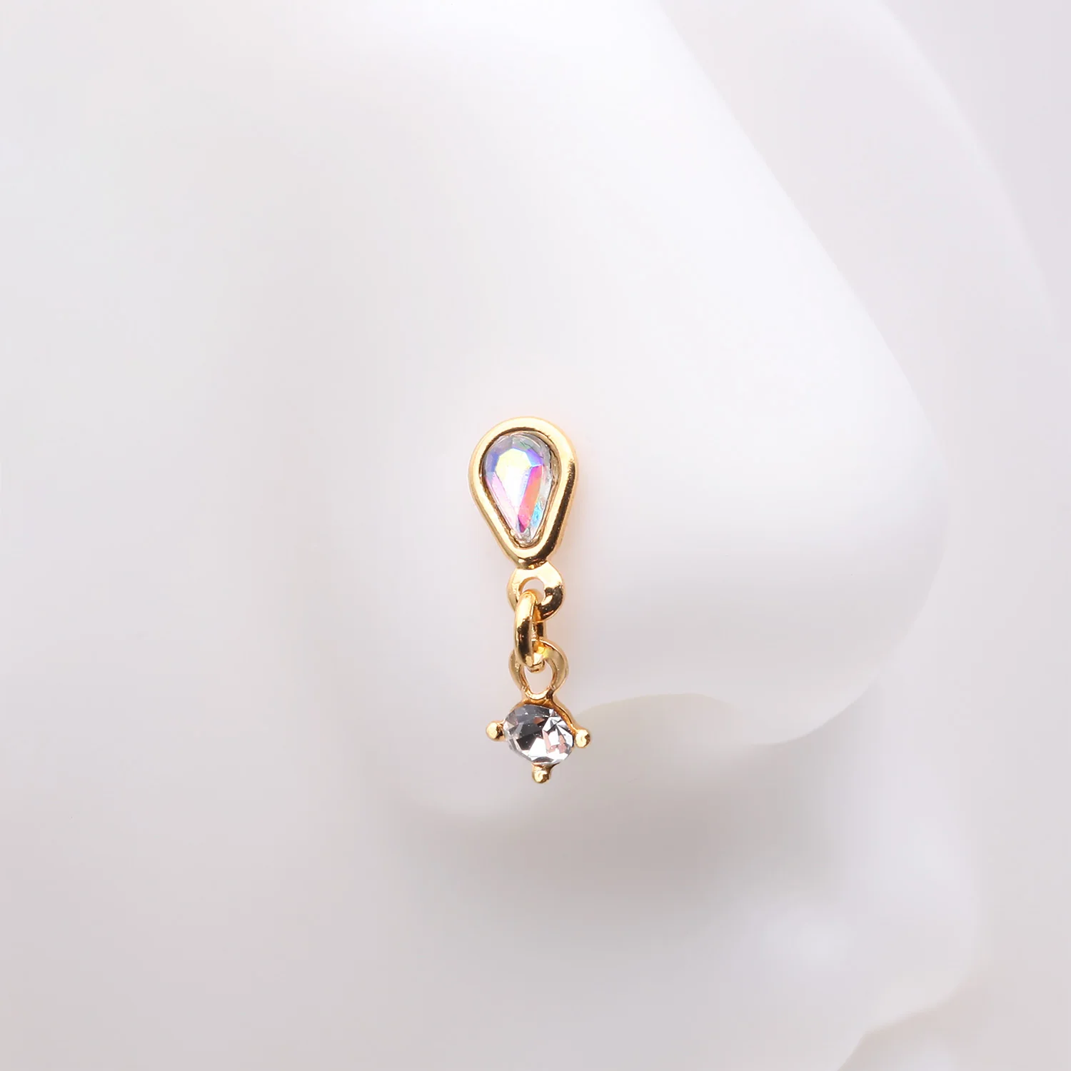 Golden Iridescent Sparkle Inverted Teardrop Dangle Nose Stud Ring - Image 2