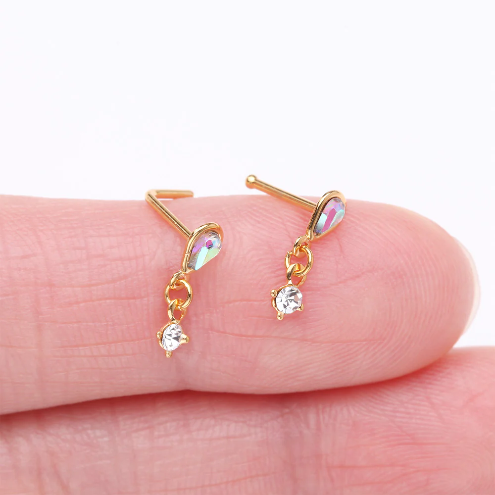 Golden Iridescent Sparkle Inverted Teardrop Dangle Nose Stud Ring - Image 4