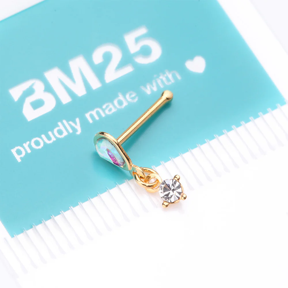 Golden Iridescent Sparkle Inverted Teardrop Dangle Nose Stud Ring - Image 5