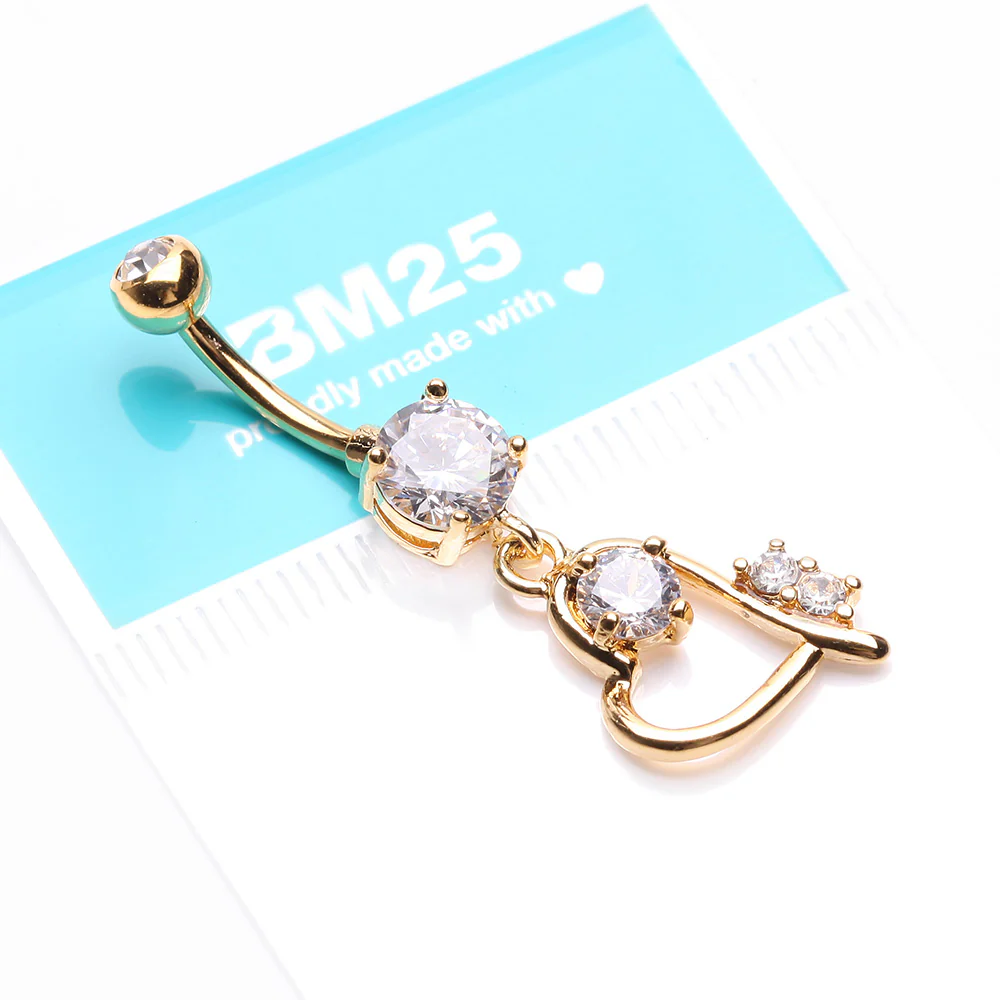 Golden Journey Heart Curvature Sparkles Belly Button Ring - Image 4