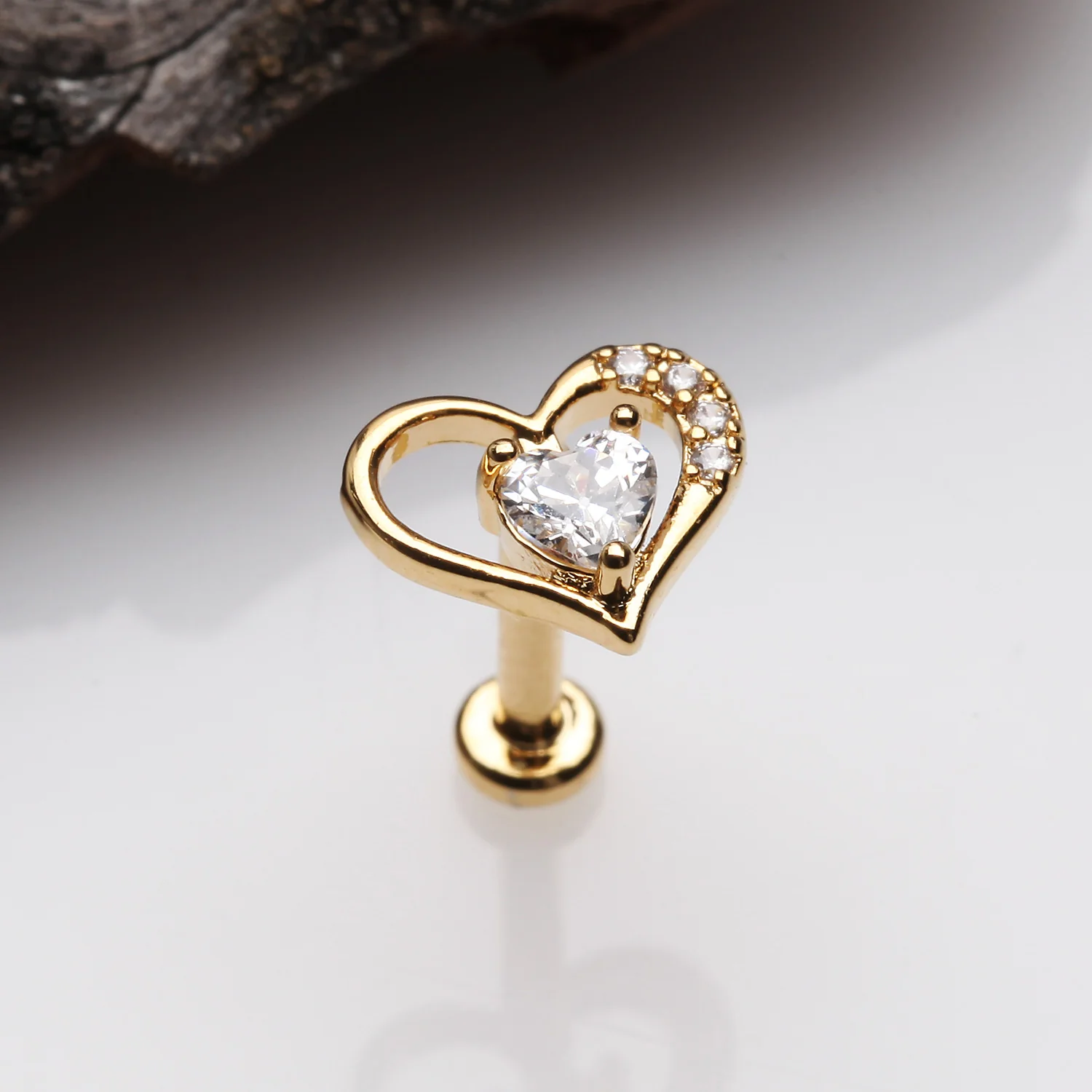 Golden Journey Heart Solitaire Sparkle Internally Threaded Labret - Image 2