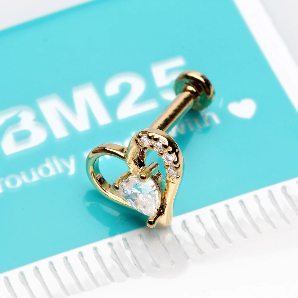 Golden Journey Heart Solitaire Sparkle Internally Threaded Labret - Image 3