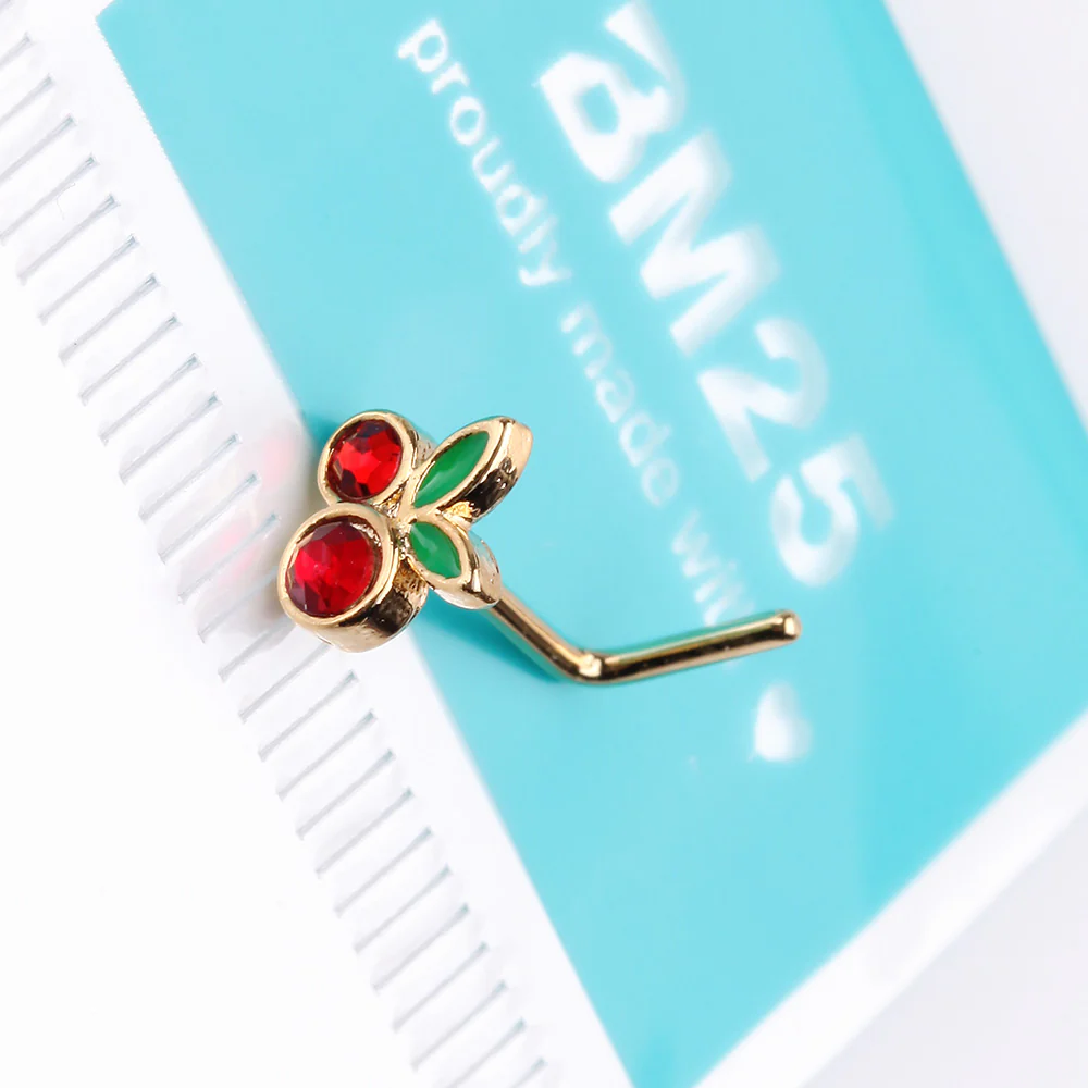 Golden Juicy Cute Cherry Sparkles L-Shaped Nose Ring - Image 3