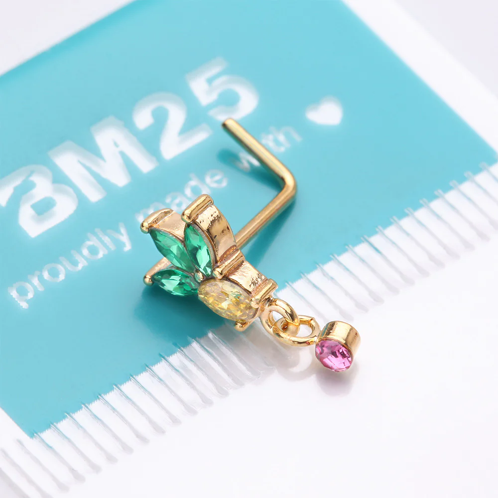Golden Juicy Pineapple Sparkle L-Shaped Nose Ring - Image 5