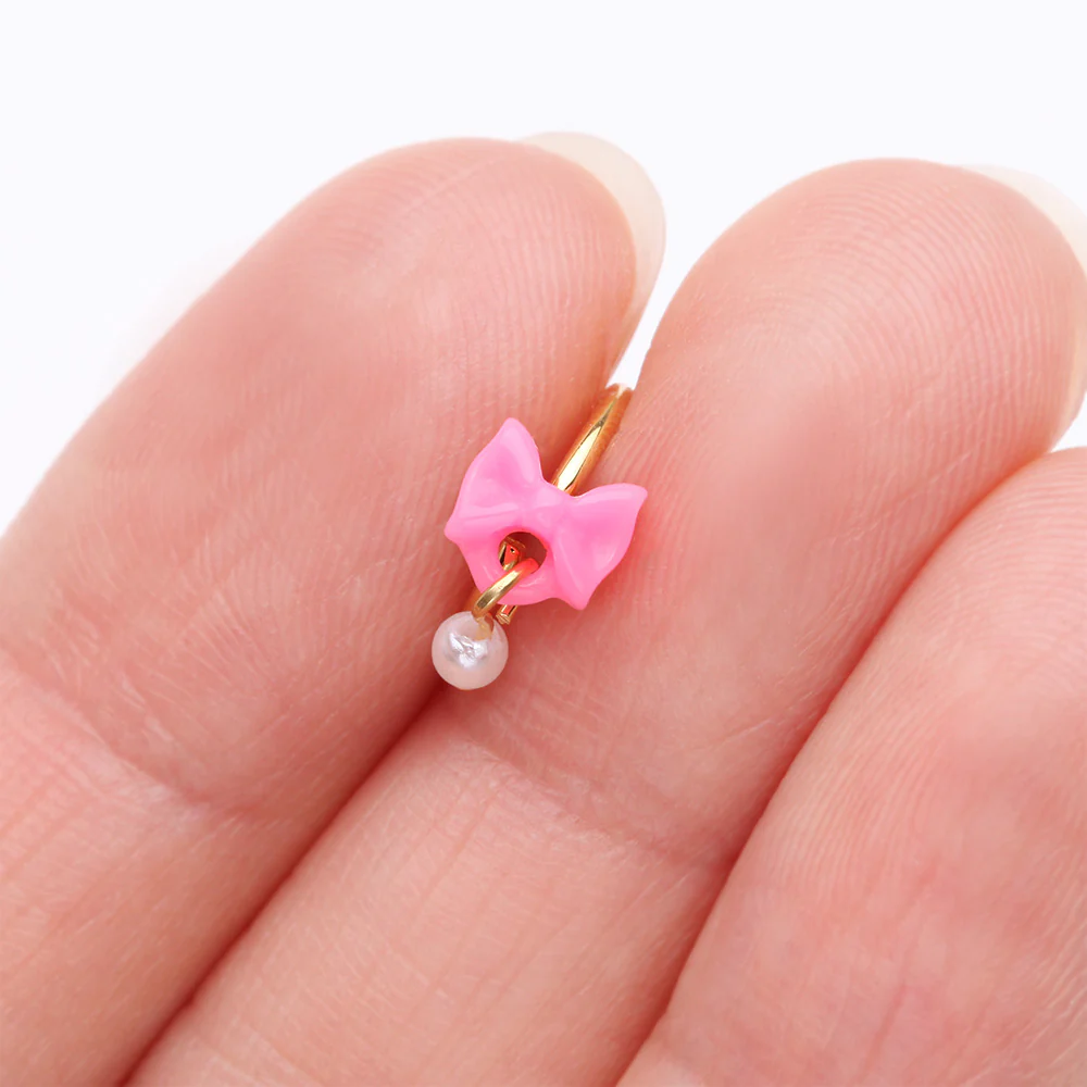 Golden Kawaii Pop Bow-Tie Pearl Dangle Bendable Hoop Ring - Image 3