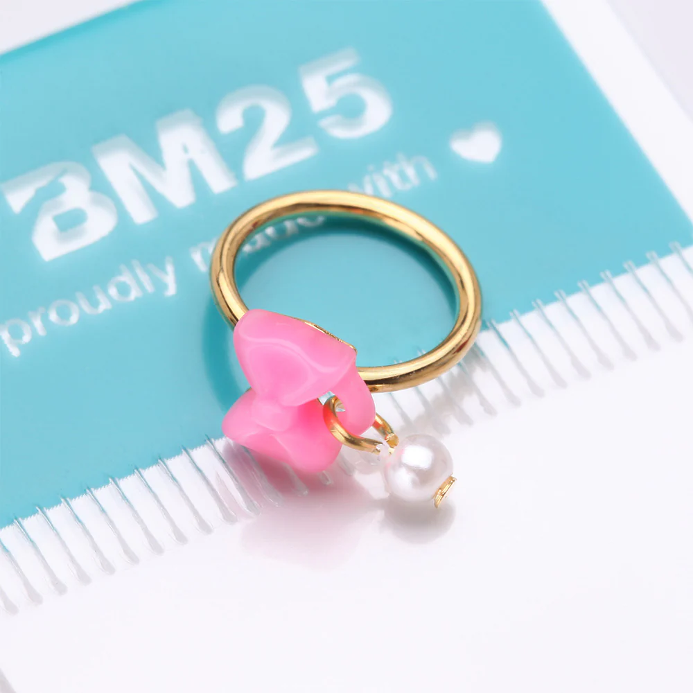 Golden Kawaii Pop Bow-Tie Pearl Dangle Bendable Hoop Ring - Image 4