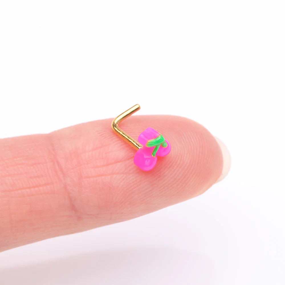 Golden Kawaii Pop Juicy Pink Cherry L-Shaped Nose Ring - Image 3