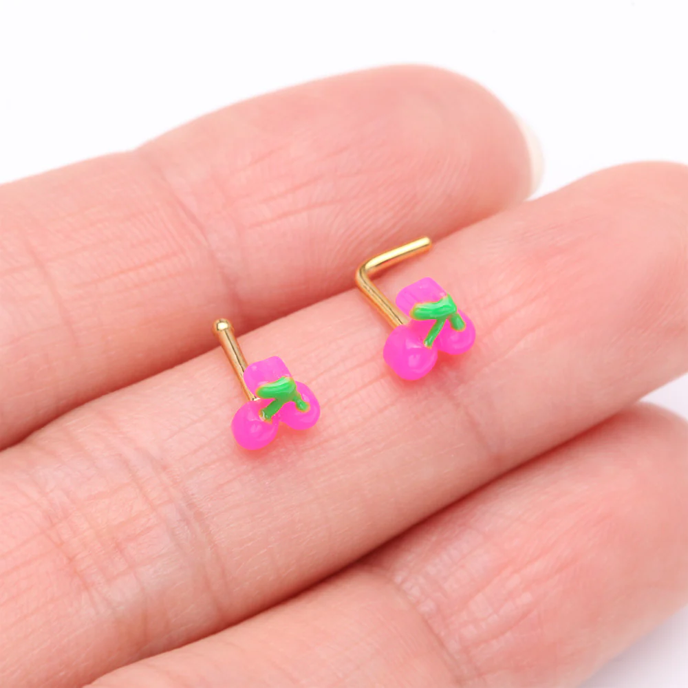 Golden Kawaii Pop Juicy Pink Cherry L-Shaped Nose Ring - Image 4