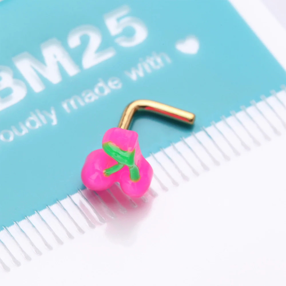 Golden Kawaii Pop Juicy Pink Cherry L-Shaped Nose Ring - Image 5