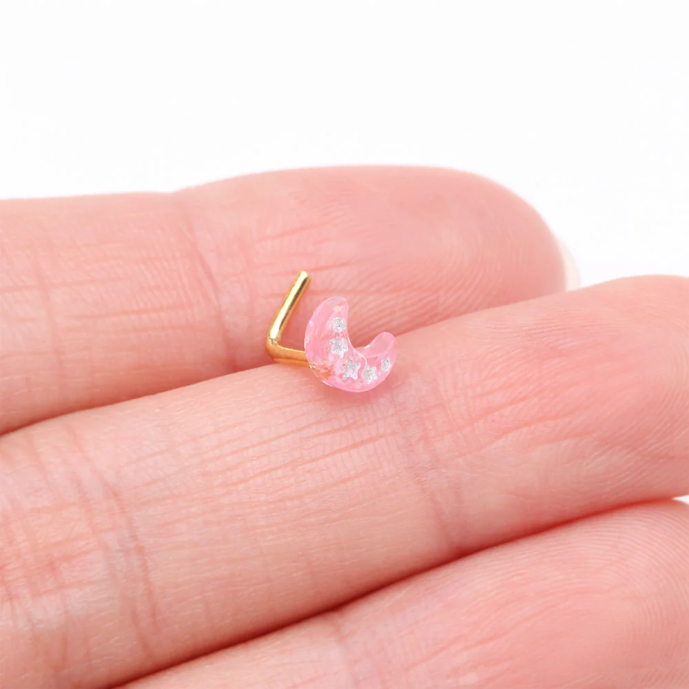 Golden Kawaii Pop Moon Glitter Sparkle L-Shaped Nose Ring - Image 3