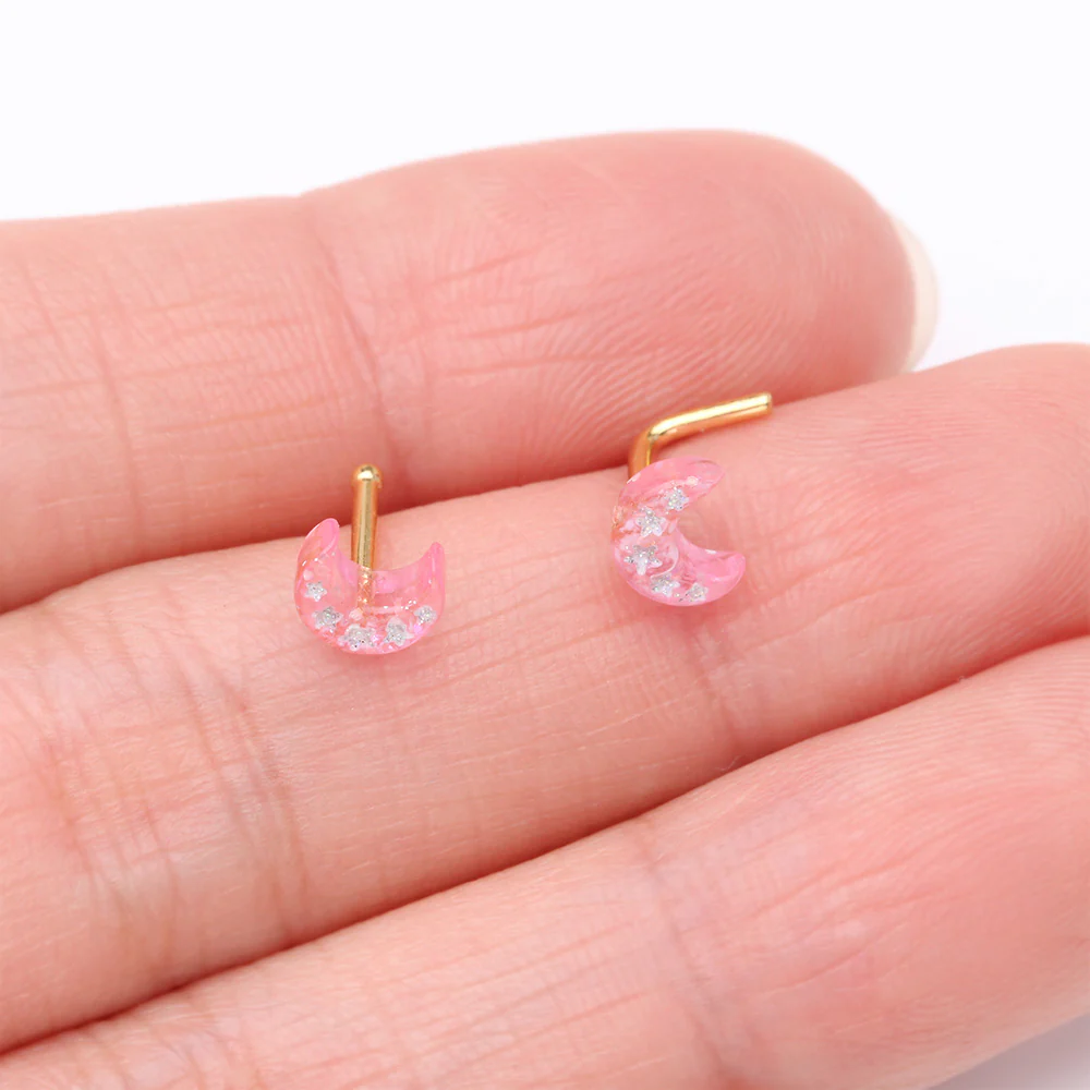 Golden Kawaii Pop Moon Glitter Sparkle L-Shaped Nose Ring - Image 4