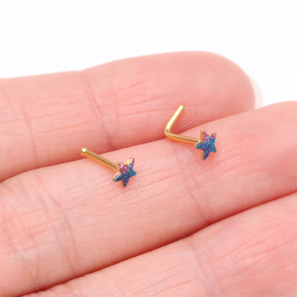Golden Kawaii Pop Star Iridescent Sparkle L-Shaped Nose Ring - Image 4