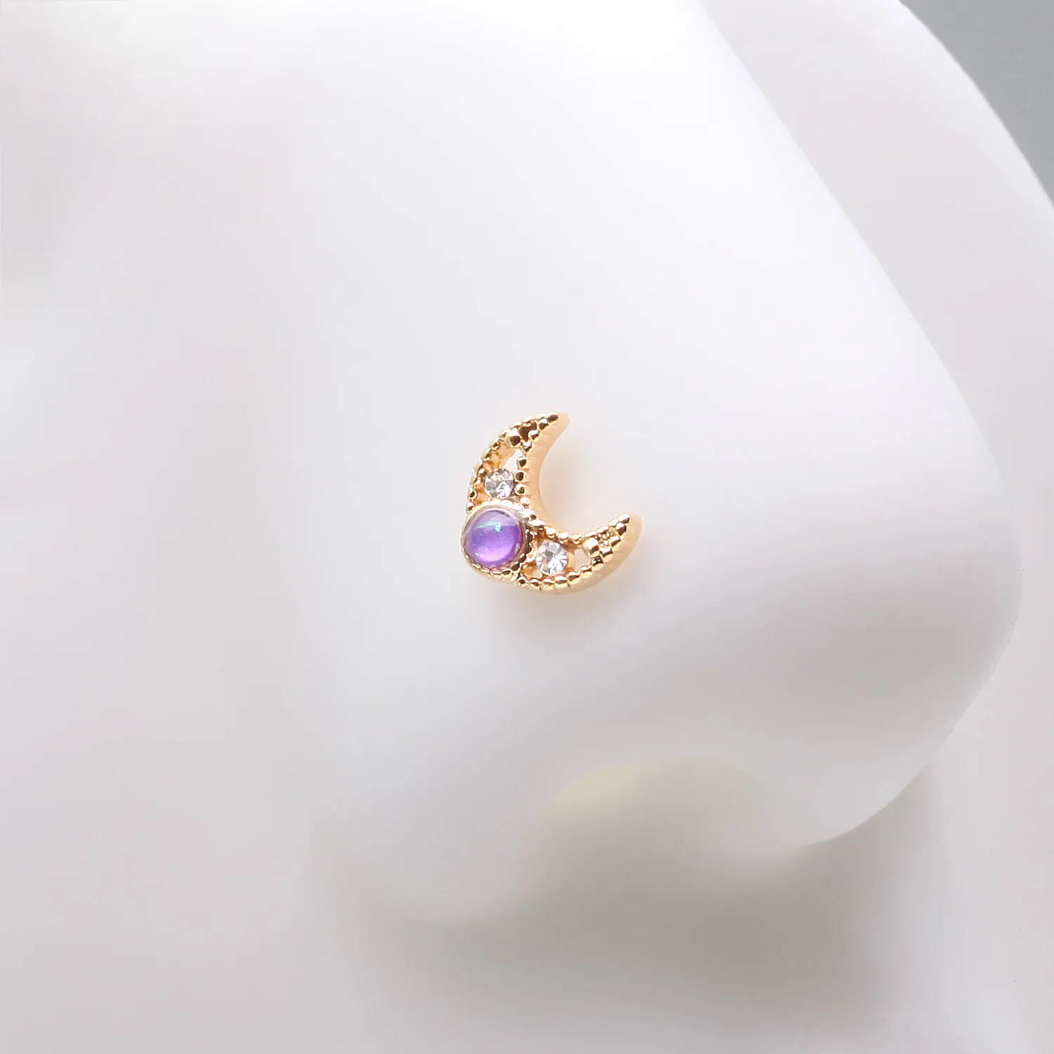 Golden Lacey Crescent Moon Opalescent Sparkle L-Shaped Nose Ring - Image 2