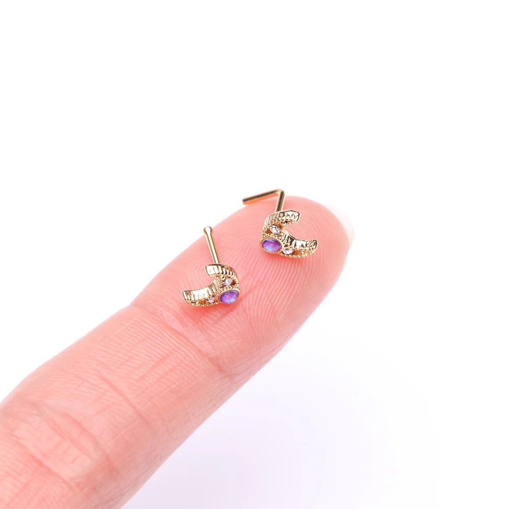 Golden Lacey Crescent Moon Opalescent Sparkle L-Shaped Nose Ring - Image 3