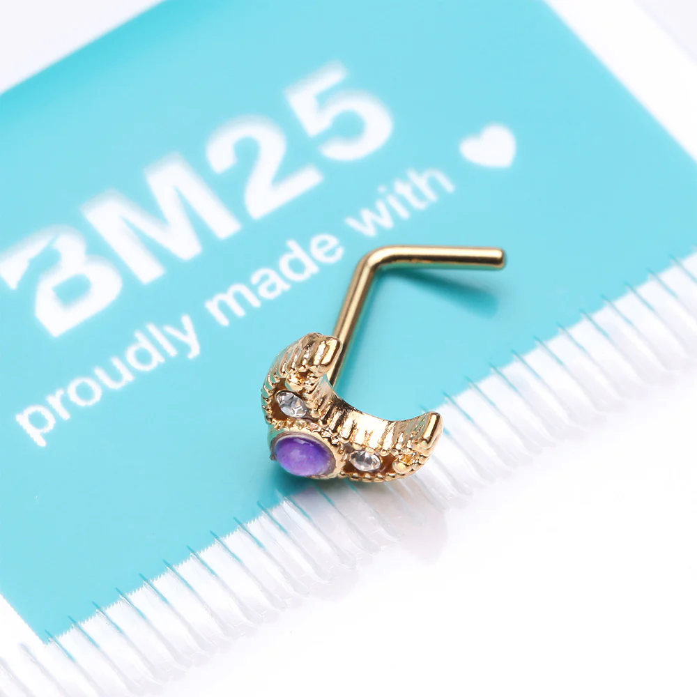 Golden Lacey Crescent Moon Opalescent Sparkle L-Shaped Nose Ring - Image 4
