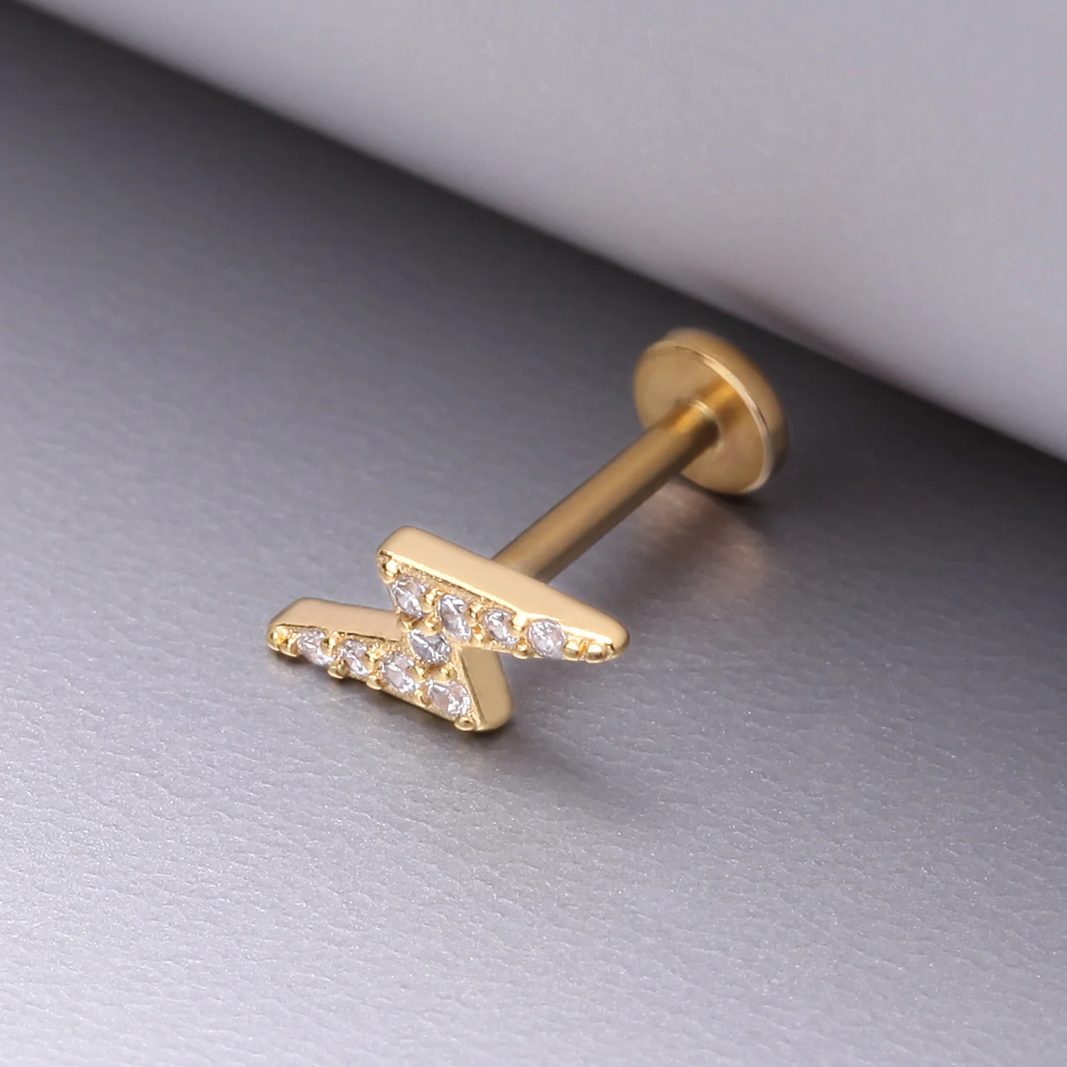 Golden Lightning Bolt Sparkle Top Internally Threaded Steel Flat Back Stud Labret - Image 2