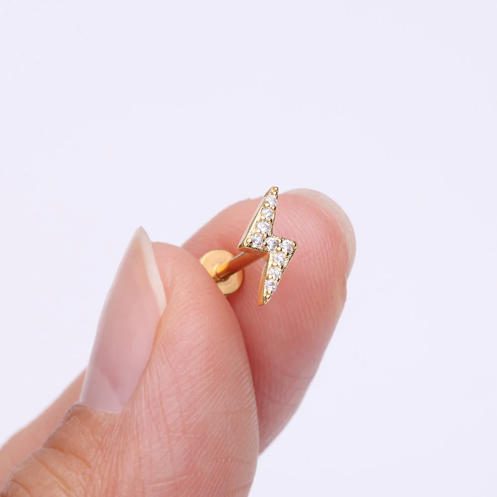 Golden Lightning Bolt Sparkle Top Internally Threaded Steel Flat Back Stud Labret - Image 3