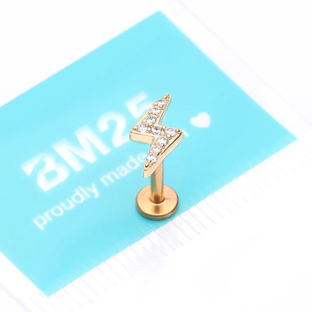 Golden Lightning Bolt Sparkle Top Internally Threaded Steel Flat Back Stud Labret - Image 4