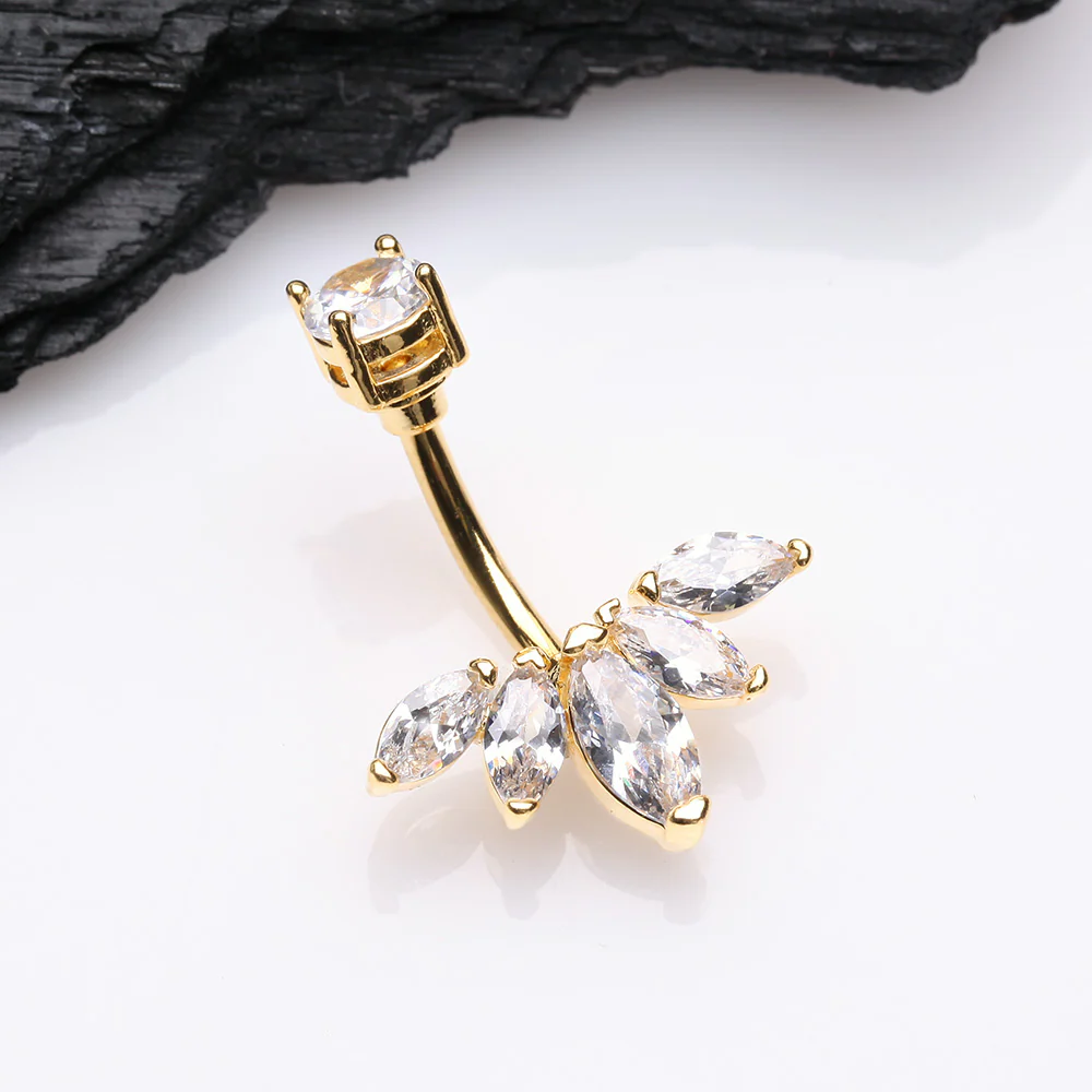 Golden Lotus Marquise Floral Sparkle Belly Button Ring - Image 3