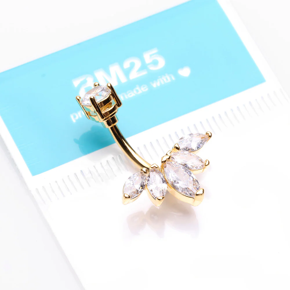 Golden Lotus Marquise Floral Sparkle Belly Button Ring - Image 4