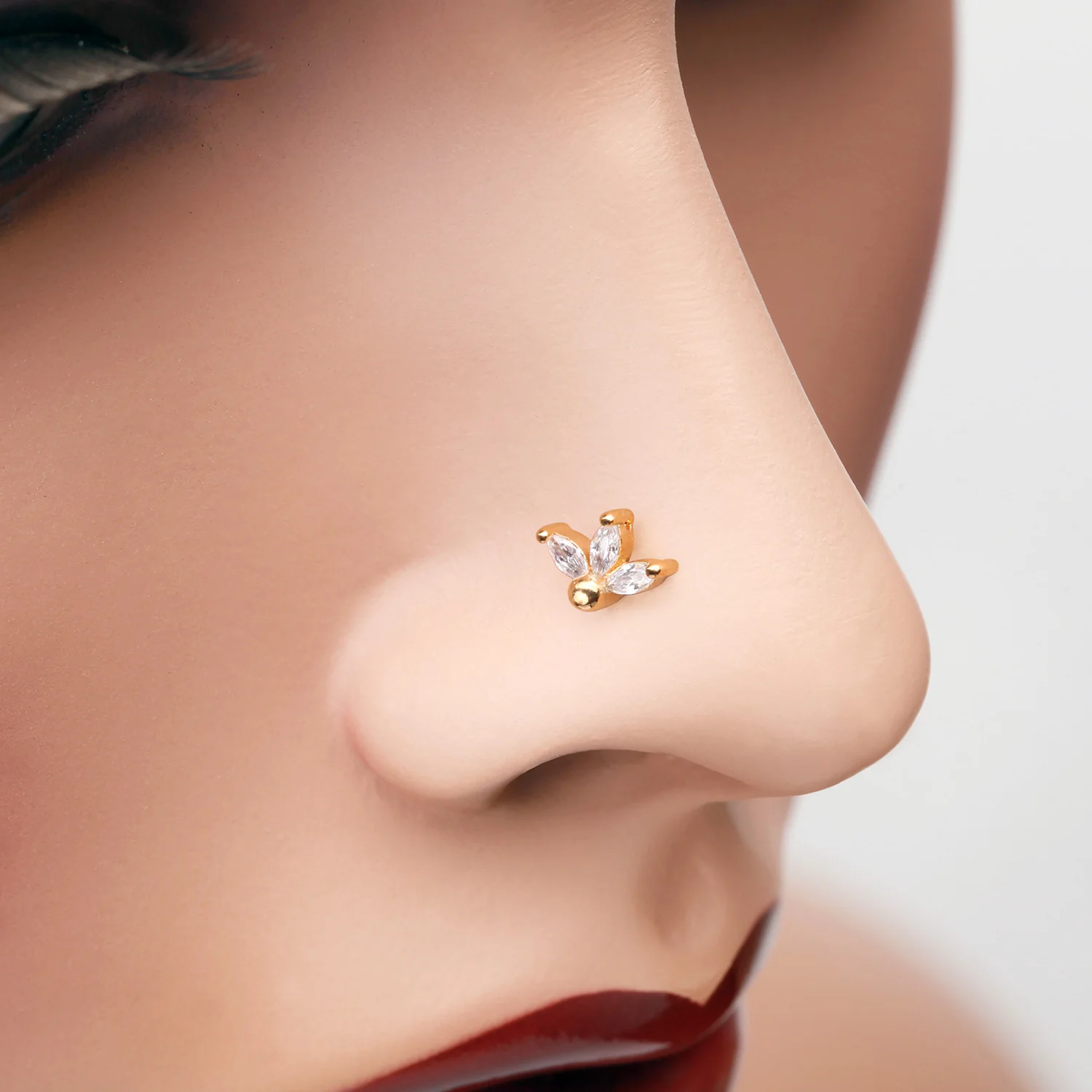 Golden Lotus Marquise Flower Sparkle Multi-Gem Nose Stud Ring - Image 2