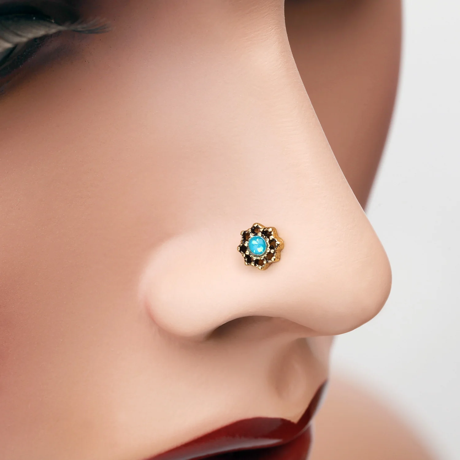 Golden Lotus Opal Sparkle Filigree Icon Nose Stud Ring - Image 2