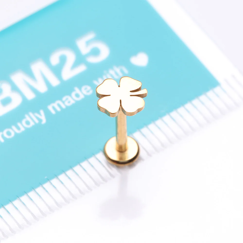 Golden Lucky Charm Clover Top Internally Threaded Labret Flat Back Stud - Image 4