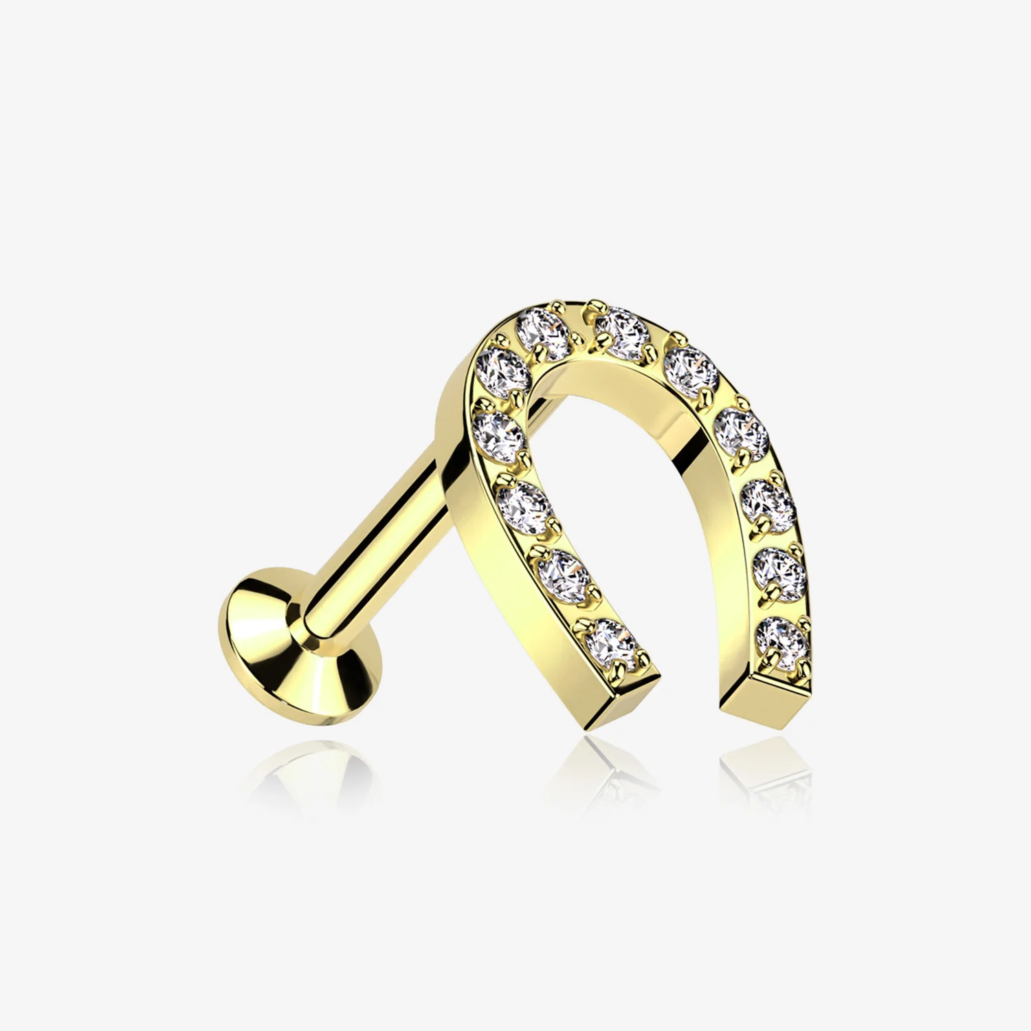 Golden Lucky Charm Sparkle Horseshoe Threadless Flat Back Stud Labret