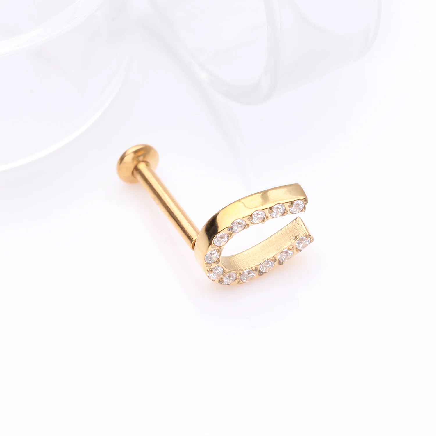 Golden Lucky Charm Sparkle Horseshoe Threadless Flat Back Stud Labret - Image 2