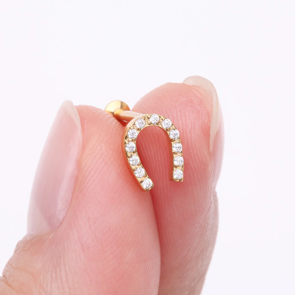 Golden Lucky Charm Sparkle Horseshoe Threadless Flat Back Stud Labret - Image 3