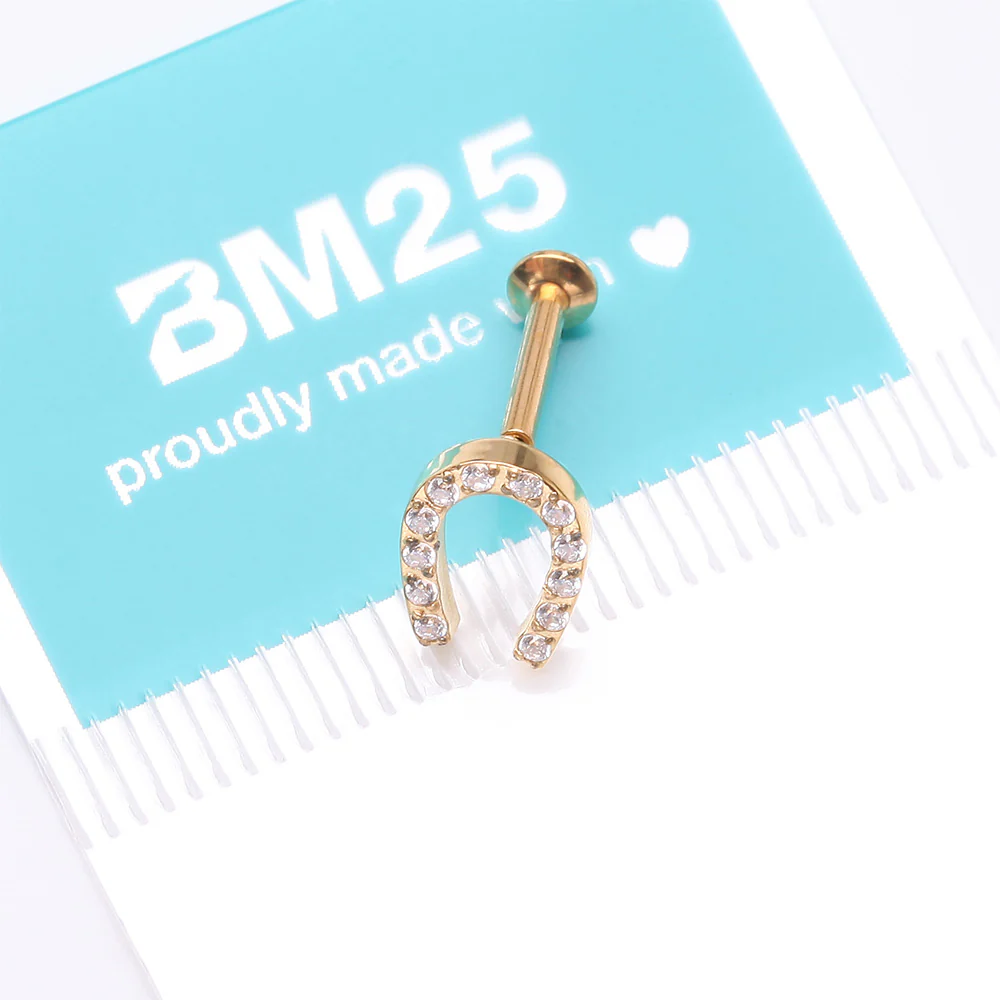Golden Lucky Charm Sparkle Horseshoe Threadless Flat Back Stud Labret - Image 5