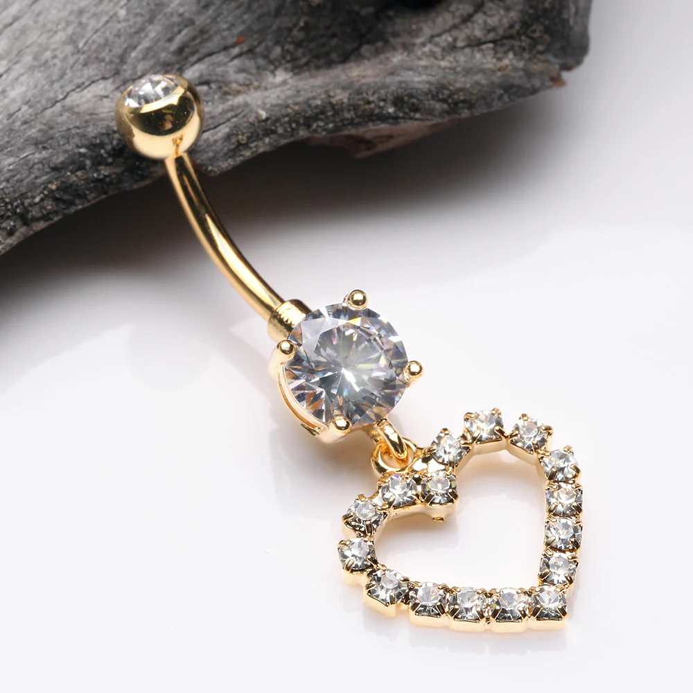Golden Luscious Hollow Heart Sparkle Splendid Belly Button Ring - Image 3