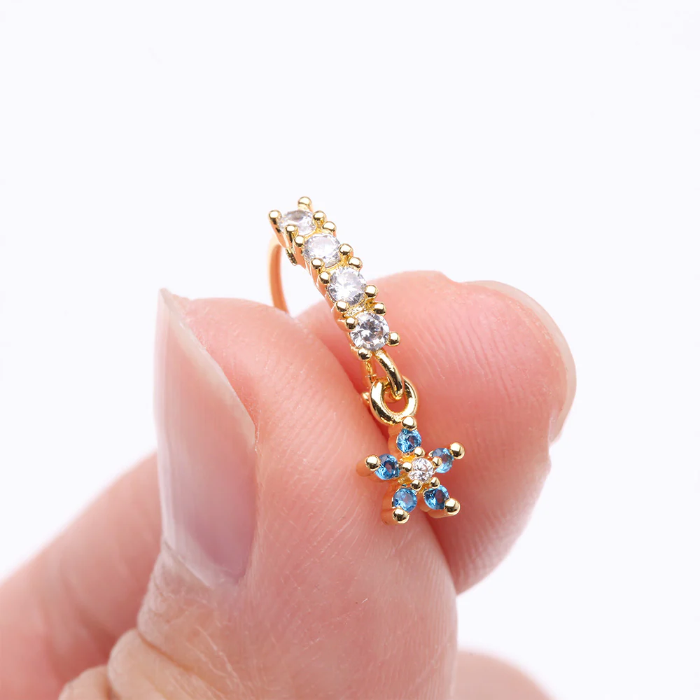 Golden Magnificent Flower Sparkle Dangle Multi-Gem Lined Bendable Hoop Ring - Image 3