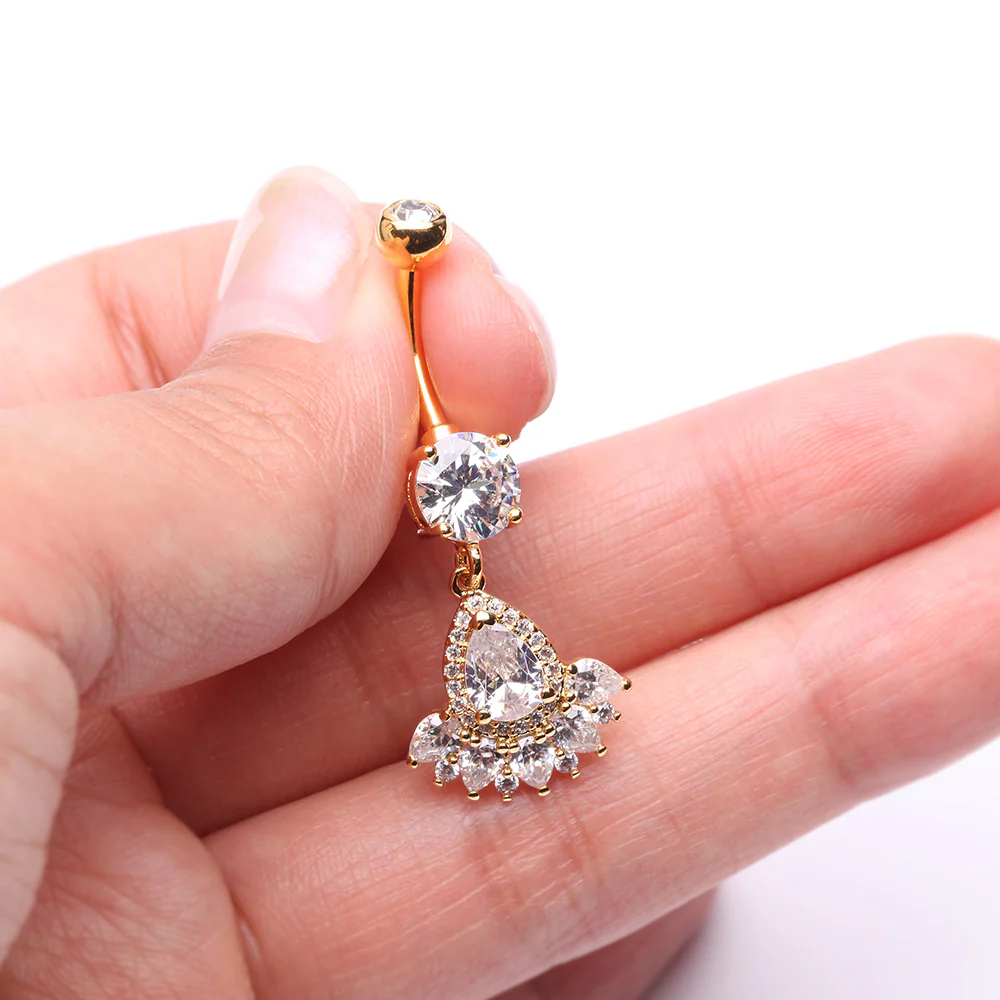 Golden Magnificent Sparkle Floral Teardrop Belly Button Ring - Image 4