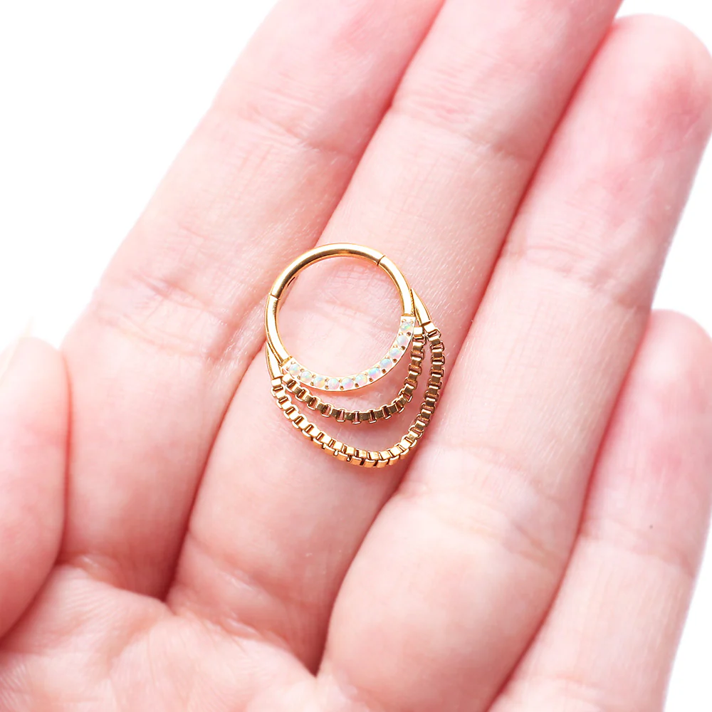 Golden Majestic Fire Opal Double Chained Seamless Clicker Hoop Ring - Image 5