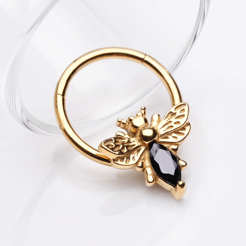 Golden Majestic Queen Bee Sparkle Steel Seamless Clicker Hoop Ring - Image 3