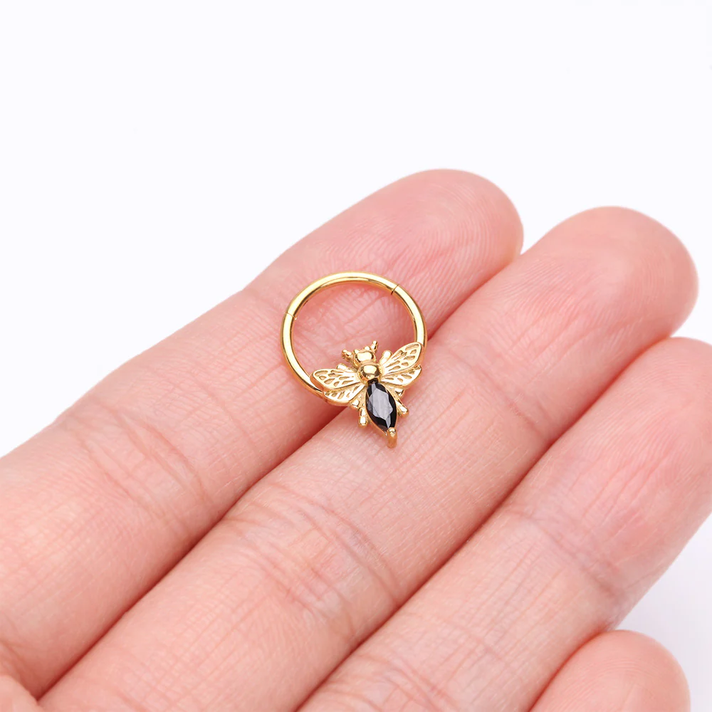 Golden Majestic Queen Bee Sparkle Steel Seamless Clicker Hoop Ring - Image 4