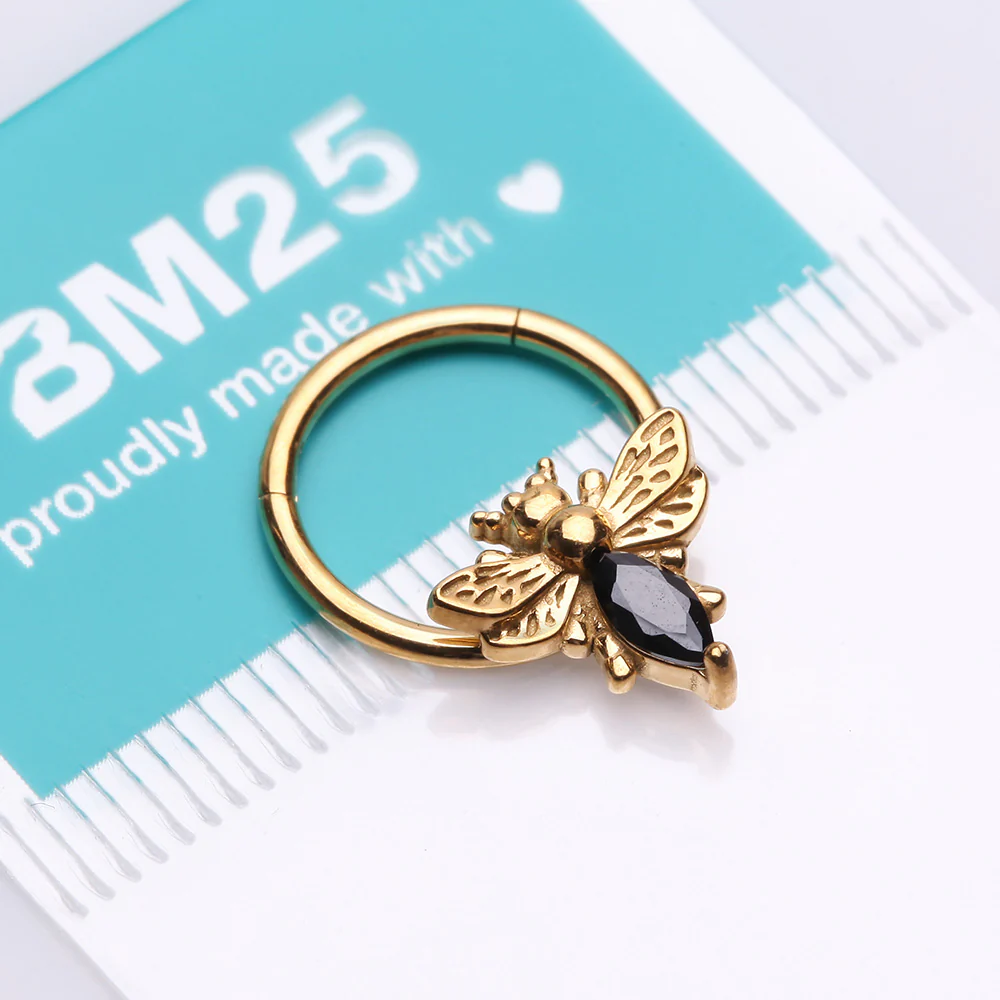 Golden Majestic Queen Bee Sparkle Steel Seamless Clicker Hoop Ring - Image 5