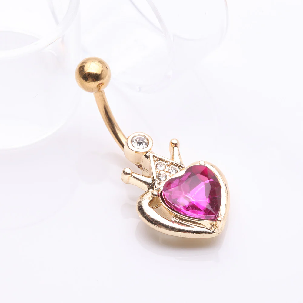 Golden Majestic Queen's Crown Heart Sparkle Belly Button Ring - Image 3