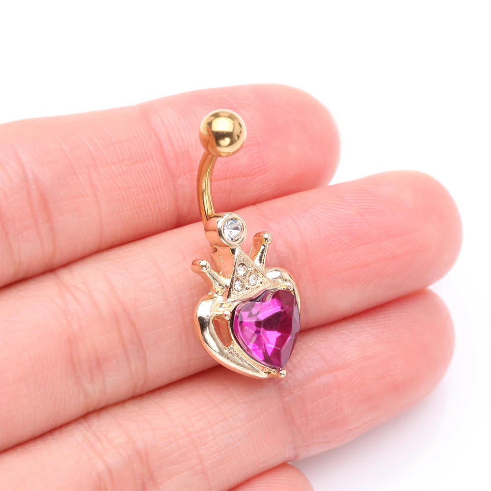 Golden Majestic Queen's Crown Heart Sparkle Belly Button Ring - Image 4