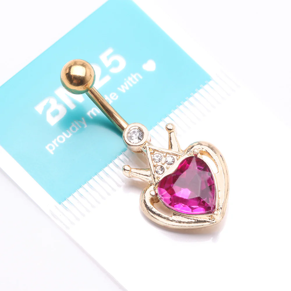 Golden Majestic Queen's Crown Heart Sparkle Belly Button Ring - Image 5