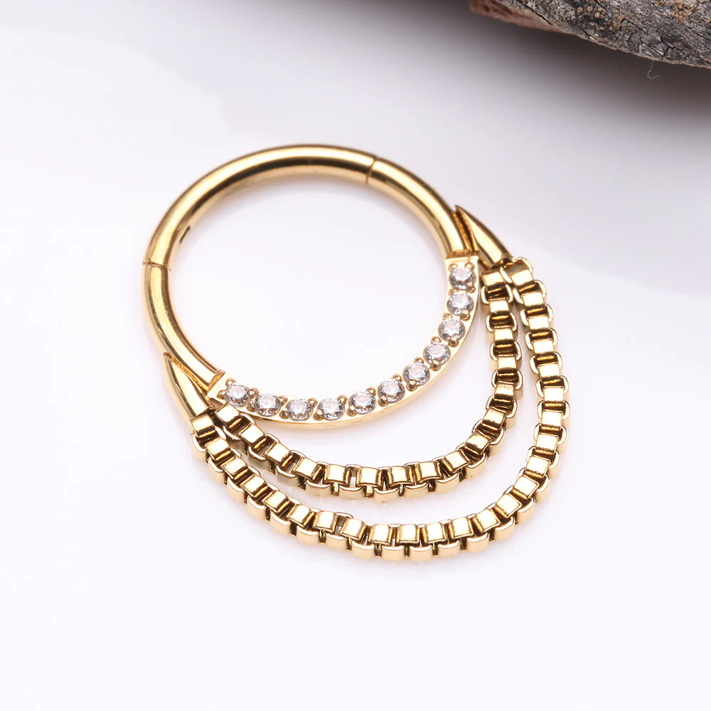 Golden Majestic Sparkle Double Chained Seamless Clicker Hoop Ring - Image 3