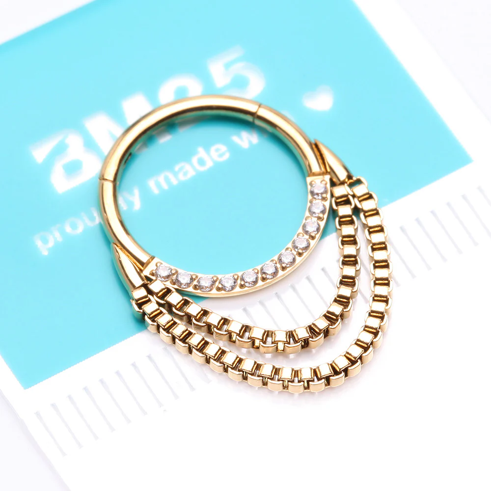 Golden Majestic Sparkle Double Chained Seamless Clicker Hoop Ring - Image 4