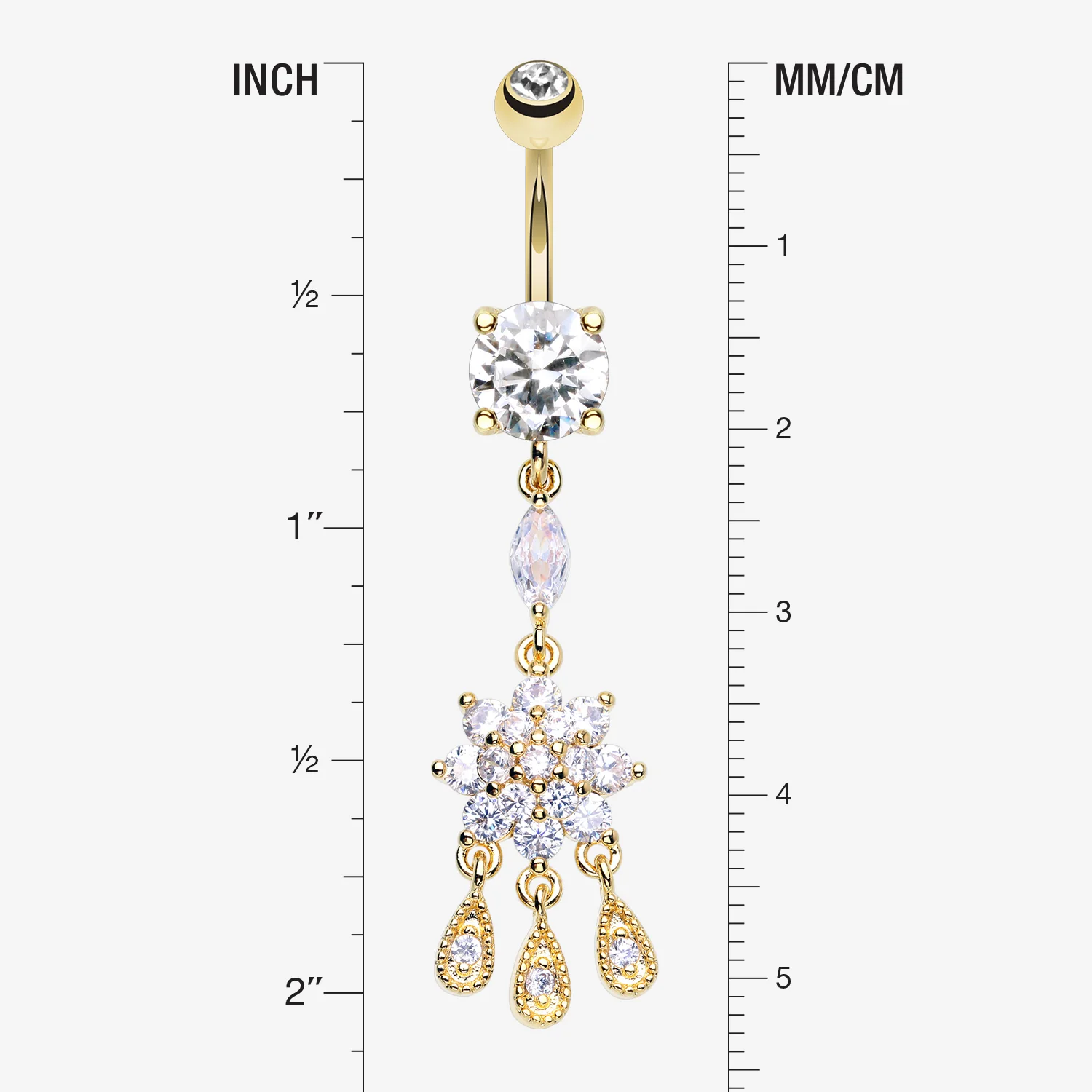 Golden Mandala Flower Sparkle Teardrop Dangle Belly Button Ring - Image 2