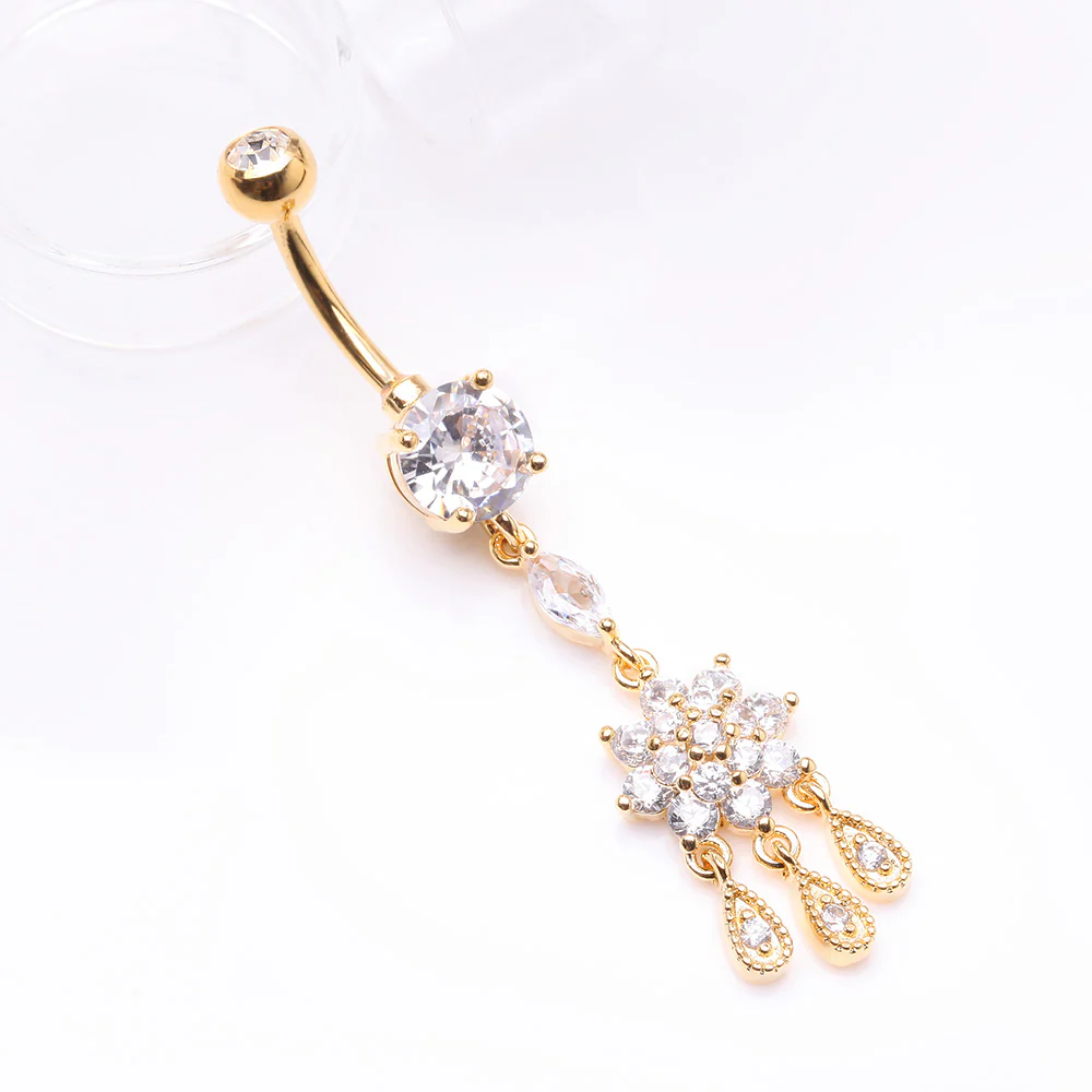 Golden Mandala Flower Sparkle Teardrop Dangle Belly Button Ring - Image 3